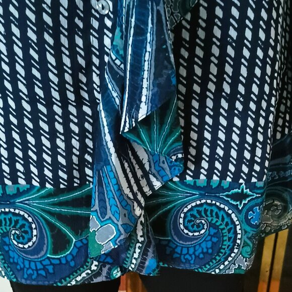Share Isaac Mizrahi Paisley Ruffle Top S Black & Blue Button Up Sheer Lined Blou - Picture 4 of 10
